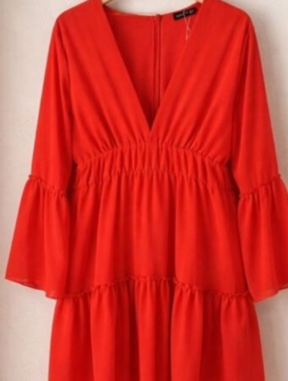 BloomChic Red V-Neck Tiered Mini Dress with Puff Sleeves - Picture 6 of 7